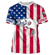 Load image into Gallery viewer, Largemouth Bass fishing American flag patriotic 4th July Customize Name UV protection UPF 30+ long sleeves fishing shirt NQS1957