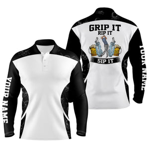 Funny Men golf polo shirts Grip it rip it sip it custom name golf skull pattern, black white polo NQS4127