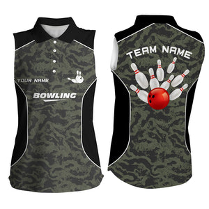 Women bowling sleeveless polo shirts Custom bowling ball and pins camo Bowling Team Jersey for women NQS5248