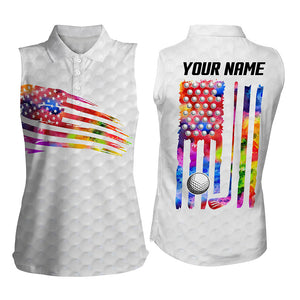 Womens Sleeveless polo shirt watercolor American flag patriotic golf shirts custom golf tops | White NQS5255