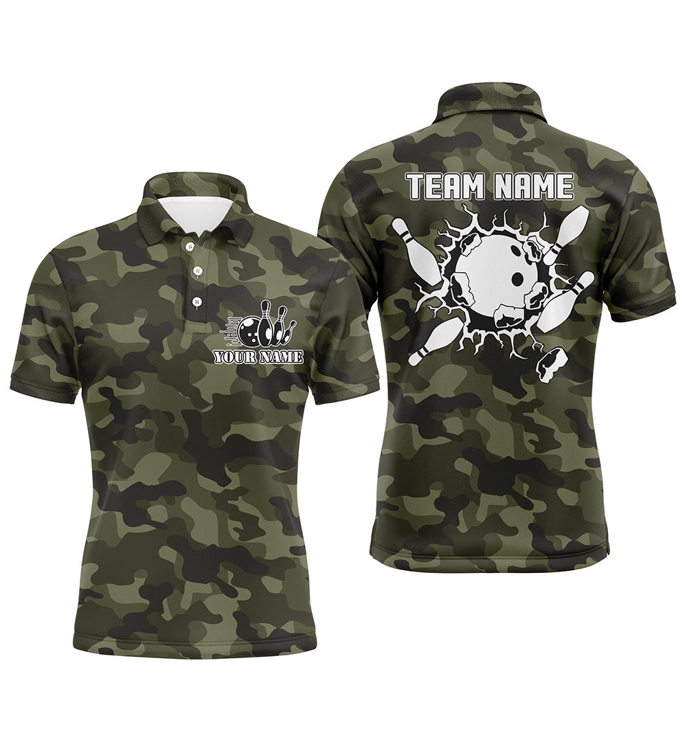 Bowling polo shirts for men Custom bowling ball and pins green camo men's Bowling Team Jersey NQS5261