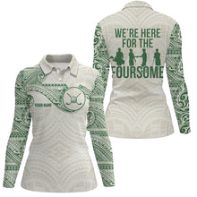 Load image into Gallery viewer, Green tribal pattern Womens golf polo shirt custom name We&#39;re here for the foursome golf apparel NQS6624