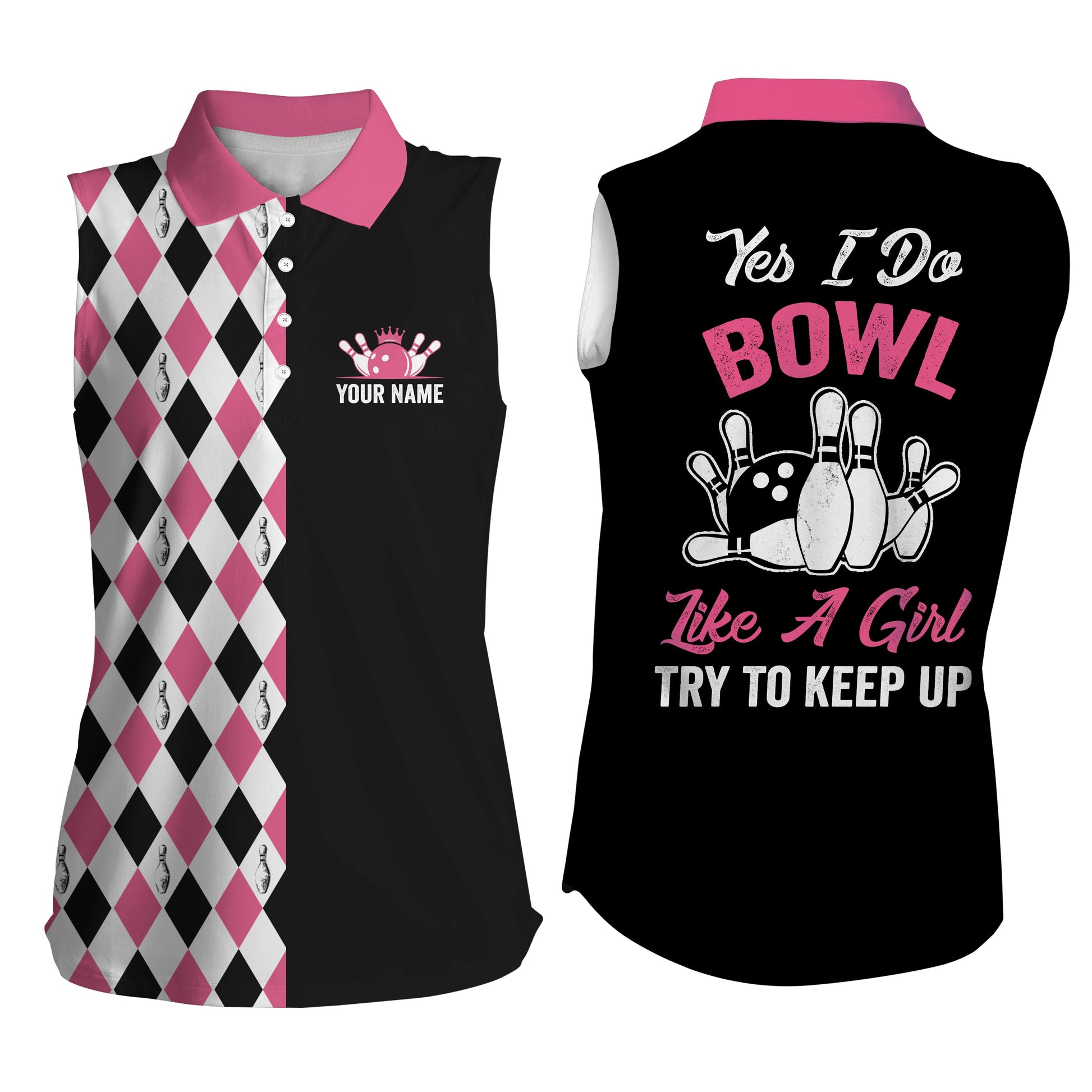 Custom Pink sleeveless bowling shirt for women – personalized team jersey front view
