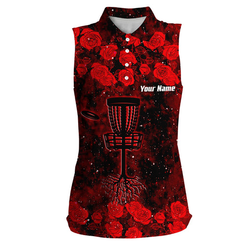 Red roses pattern disc golf basket Womens sleeveless polo shirt custom disc golf polo shirts for women NQS4679