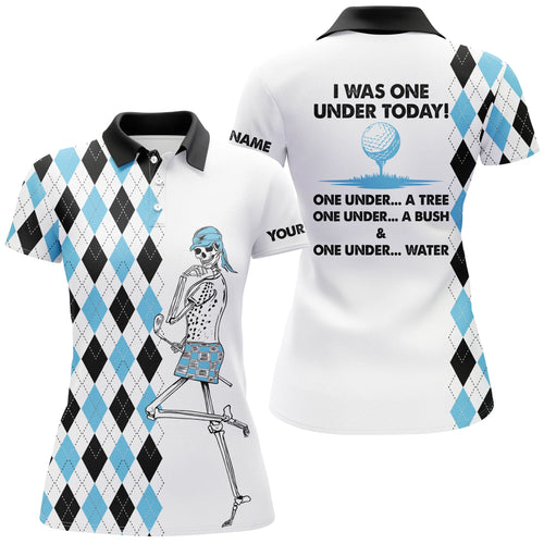 Golf skull women golf polo shirts custom I was one under today one under a tree, bush and water | Blue NQS4945