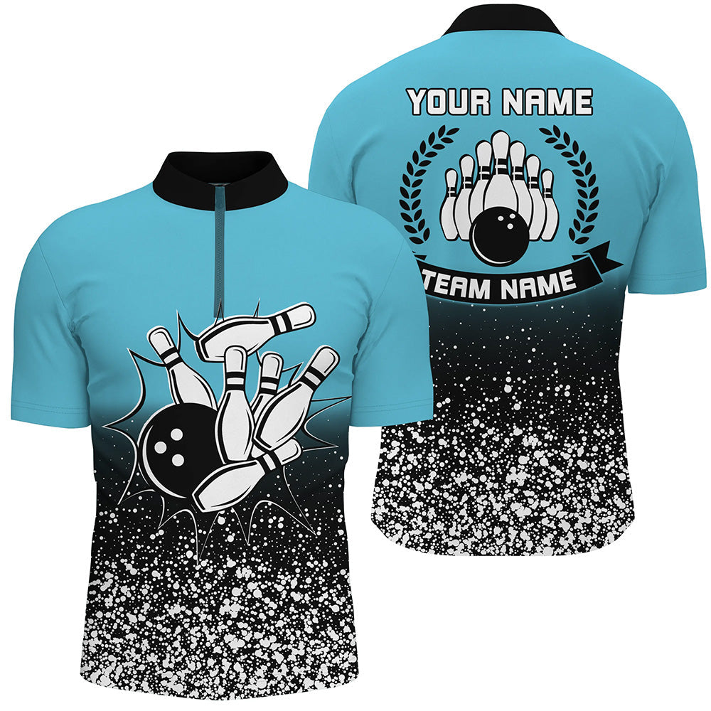 Mens bowling Quarter Zip shirt Custom retro bowling ball pins strike team league jerseys | Blue NQS6407
