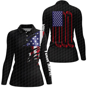 Womens golf polo shirt black golf ball American flag patriotic golf clubs custom name golfing gifts NQS6634