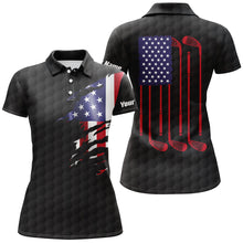 Load image into Gallery viewer, Womens golf polo shirt black golf ball American flag patriotic golf clubs custom name golfing gifts NQS6634