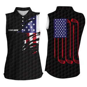 Womens sleeveless golf polo shirt black golf ball American flag patriotic golf clubs custom golf gifts NQS6634