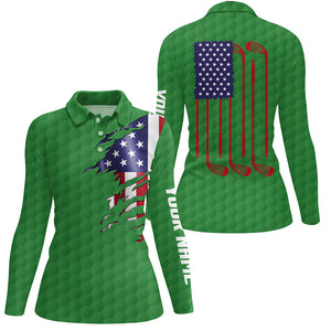 Womens golf polo shirt green golf ball American flag patriotic golf clubs custom name golfing gifts NQS6635