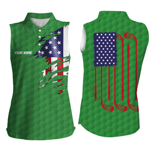 Womens sleeveless golf polo shirt green golf ball American flag patriotic golf clubs custom golf gifts NQS6635