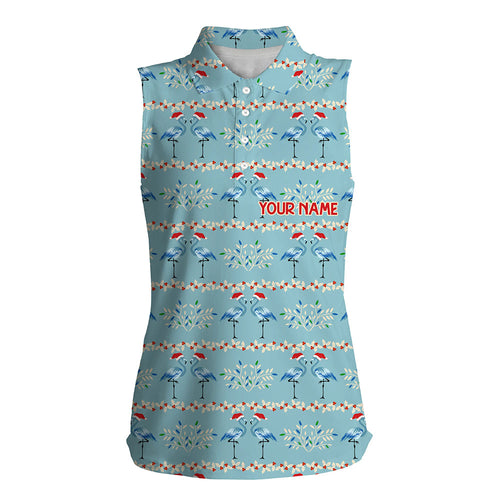 Womens sleeveless golf polos custom blue Christmas flamingo pattern golf shirt for women, golf gifts NQS6652