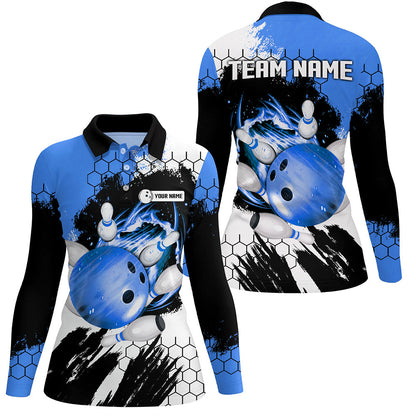 Blue Flame bowling ball and pins jerseys Custom Team League Bowling Polo Shirts For Women NQS7162