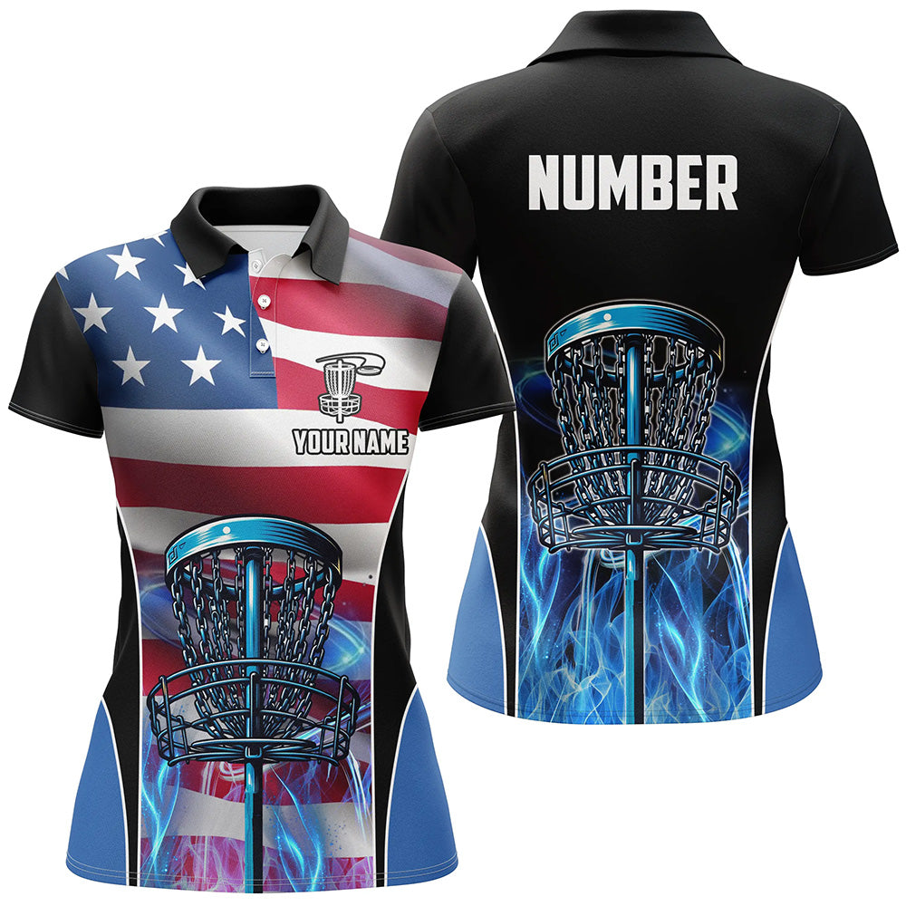 American flag Disc golf basket patriotic Womens disc golf polo shirts custom blue fire disc golf tops NQS7315