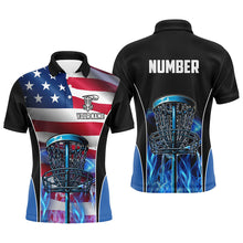 Load image into Gallery viewer, American flag Disc golf basket patriotic Men polo shirts custom blue fire disc golf tops for mens NQS7315