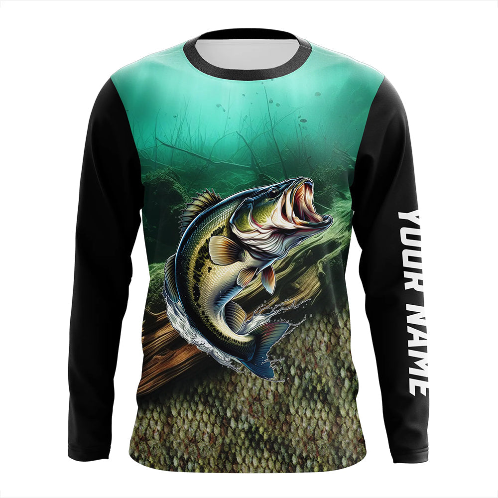 Largemouth Bass fishing green scales Custom UV protection performance long sleeve fishing shirts NQS7171