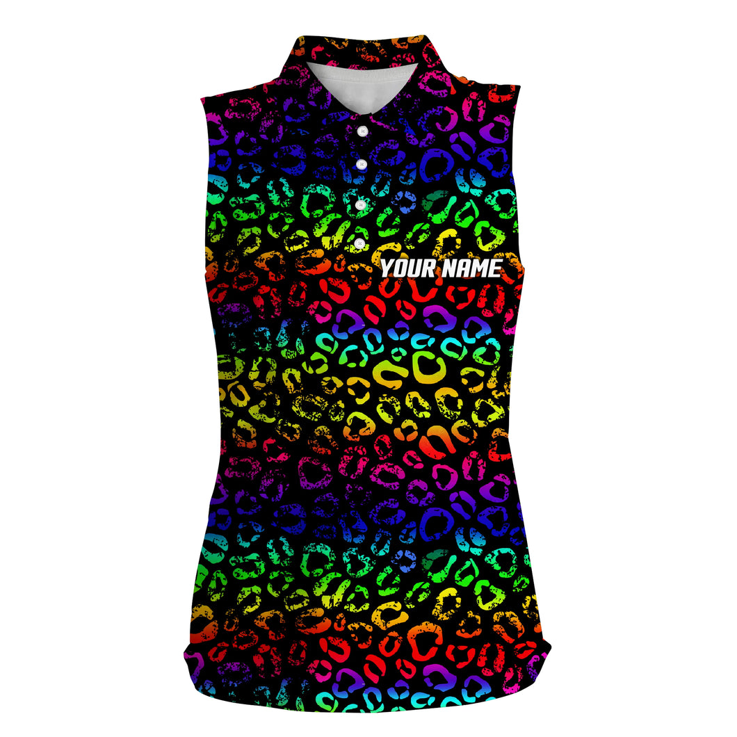 Colorful neon Rainbow leopard Womens sleeveless polo shirts, team golf shirt gift for golf lovers NQS4987