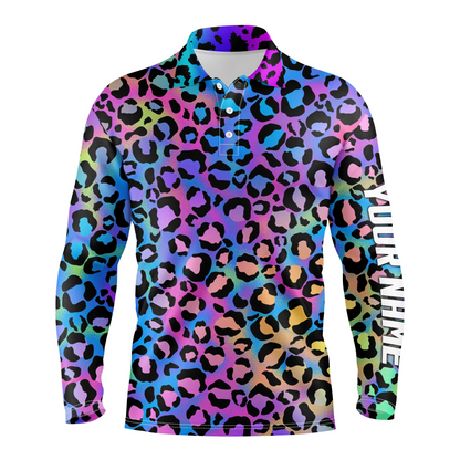 Colorful neon gradient leopard mens golf polo shirts, custom pattern golf shirt for men NQS4989