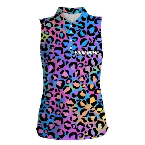 Colorful neon gradient leopard Womens sleeveless polo shirts, custom pattern golf shirt for women NQS4989