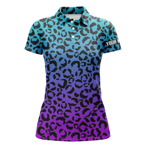 Womens golf polo shirts blue purple neon leopard pattern golf shirt custom golf polo for woman NQS4992