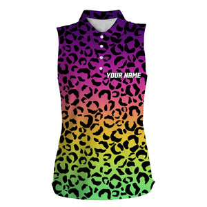 Womens sleeveless polo shirt neon rainbow leopard pattern golf shirt custom sleeveless golf tops NQS4993