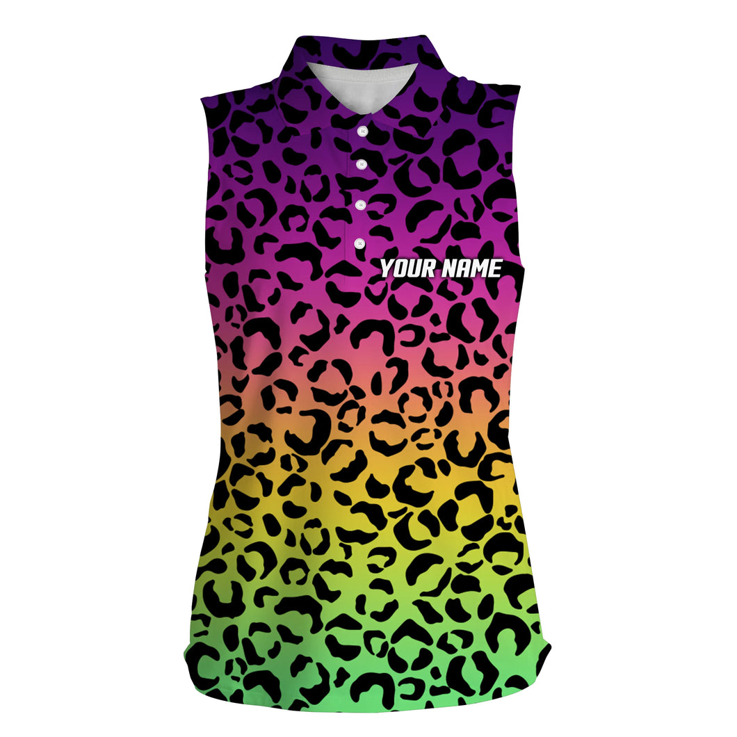 Womens sleeveless polo shirt neon rainbow leopard pattern golf shirt custom sleeveless golf tops NQS4993