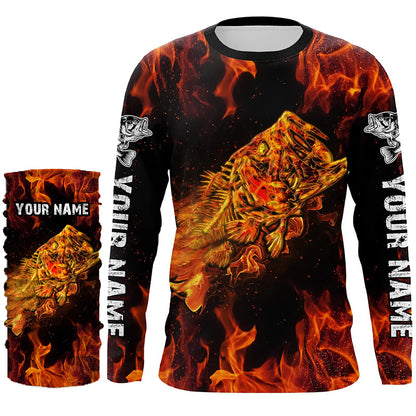 Largemouth bass skull on fire Custom Long sleeve Fishing Shirts, Bass reaper fishing jerseys NQS4597