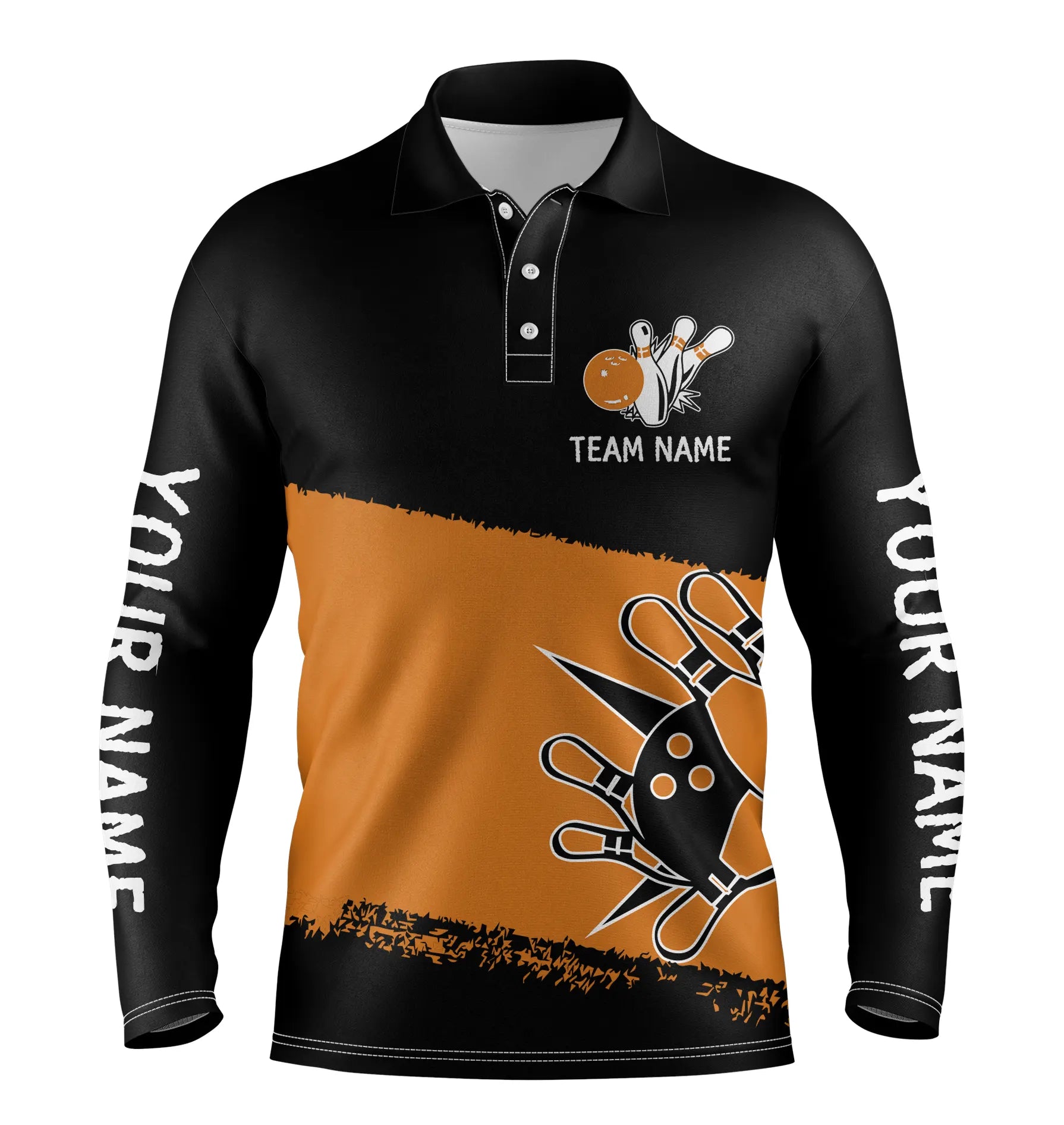 Black orange personalized bowling shirt for men – custom name design side view