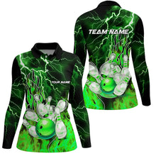 Load image into Gallery viewer, Women Bowling Polo Shirts Custom green lightning thunder Bowling Team Jersey, gift for team Bowlers NQS7065