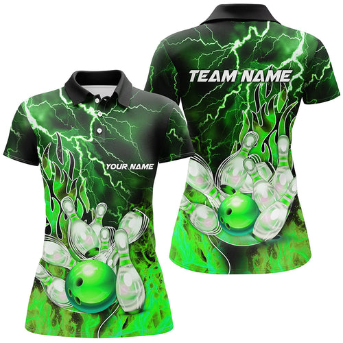 Women Bowling Polo Shirts Custom green lightning thunder Bowling Team Jersey, gift for team Bowlers NQS7065