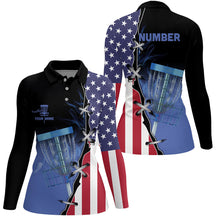 Load image into Gallery viewer, Blue flame Womens Disc golf polo shirts custom American flag disc golf jerseys, frisbee golf shirts NQS7330