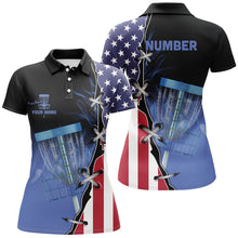 Load image into Gallery viewer, Blue flame Womens Disc golf polo shirts custom American flag disc golf jerseys, frisbee golf shirts NQS7330