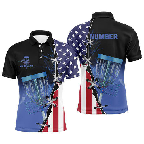 Blue flame Mens Disc golf polo shirts custom American flag disc golf jerseys, frisbee golf shirts NQS7330