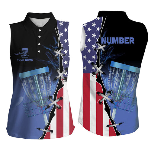 Blue flame Women sleeveless polo shirts custom American flag disc golf jerseys, frisbee golf shirts NQS7330