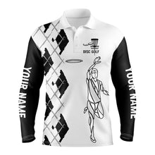 Load image into Gallery viewer, Black and white Mens disc golf polo shirt Custom name Disc Golfer shirt, gift for Disc golf lovers NQS5315