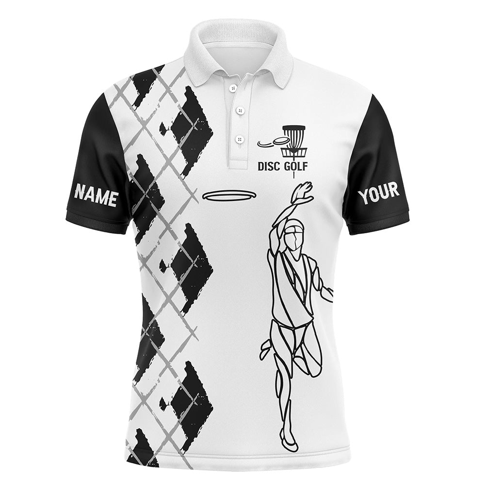 Black and white Mens disc golf polo shirt Custom name Disc Golfer shirt, gift for Disc golf lovers NQS5315