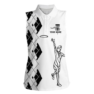 Black and white Women sleeveless polo shirt Custom name Disc Golfer shirt, gift for Disc golf lovers NQS5315