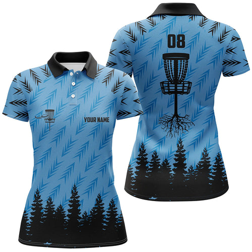 Womens disc golf polo shirt custom disc golf basket camo Woods lady disc golf jerseys | Blue NQS6438