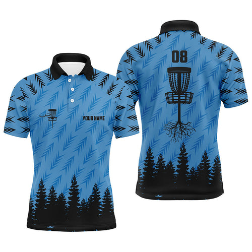 Mens disc golf polo shirt custom name, number disc golf basket camo Woods mens disc golf jersey | Blue NQS6438