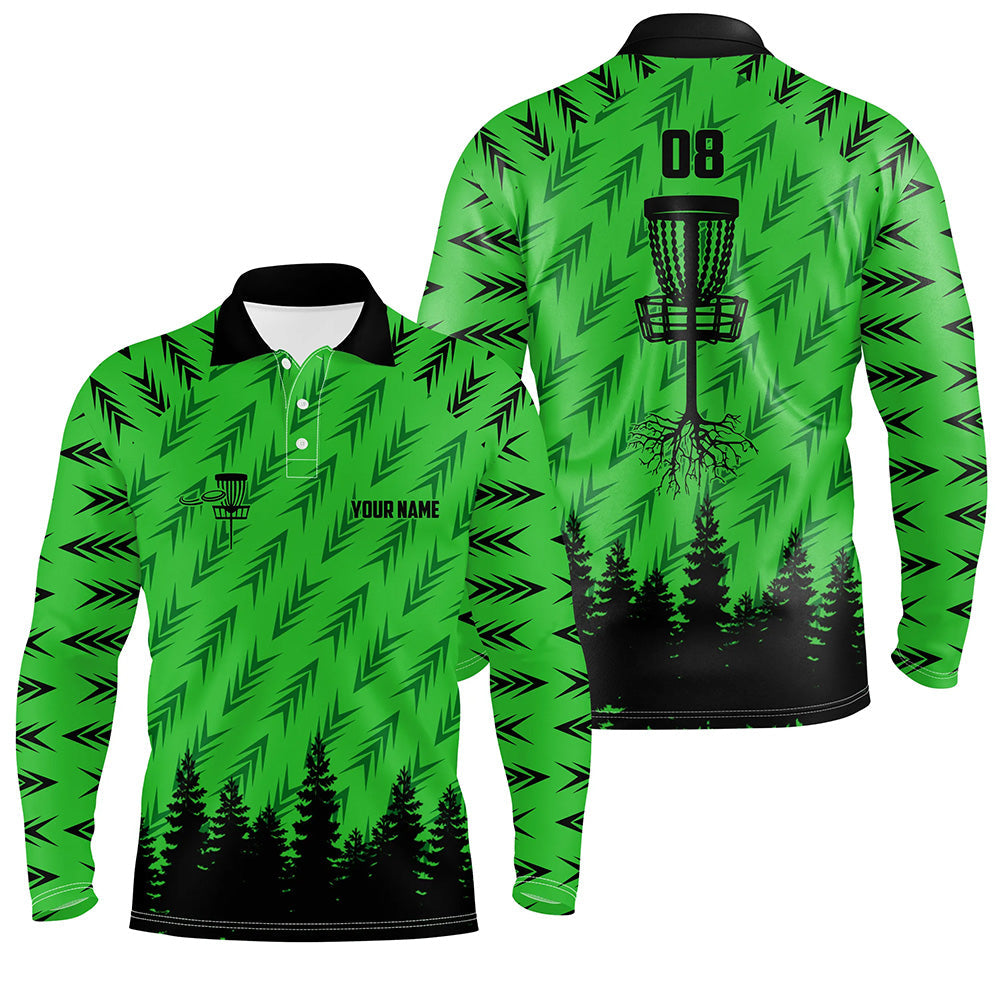 Mens disc golf polo shirt custom name, number disc golf basket camo Woods mens disc golf jersey| Green NQS6439