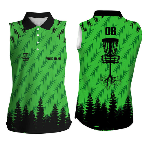 Womens disc golf sleeveless polo shirt custom disc golf basket camo Woods lady disc golf jersey| Green NQS6439