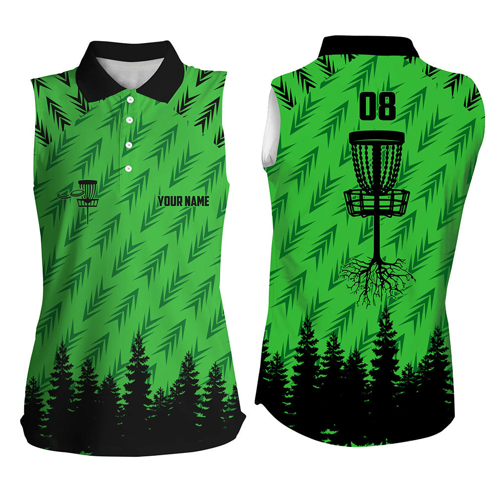 Womens disc golf sleeveless polo shirt custom disc golf basket camo Woods lady disc golf jersey| Green NQS6439