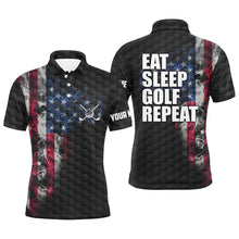 Load image into Gallery viewer, Black Mens golf polo shirts custom smoke American flag Eat sleep golf repeat, patriotic golf shirts NQS6686