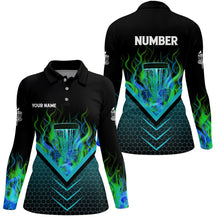 Load image into Gallery viewer, Black and green fire Womens Disc golf polo shirts custom flame disc golf basket jerseys NQS7337