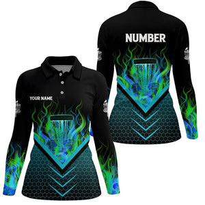 Black and green fire Womens Disc golf polo shirts custom flame disc golf basket jerseys NQS7337