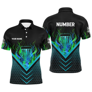 Black and green fire Mens Disc golf polo shirts custom flame disc golf basket jerseys, disc golf shirt NQS7337