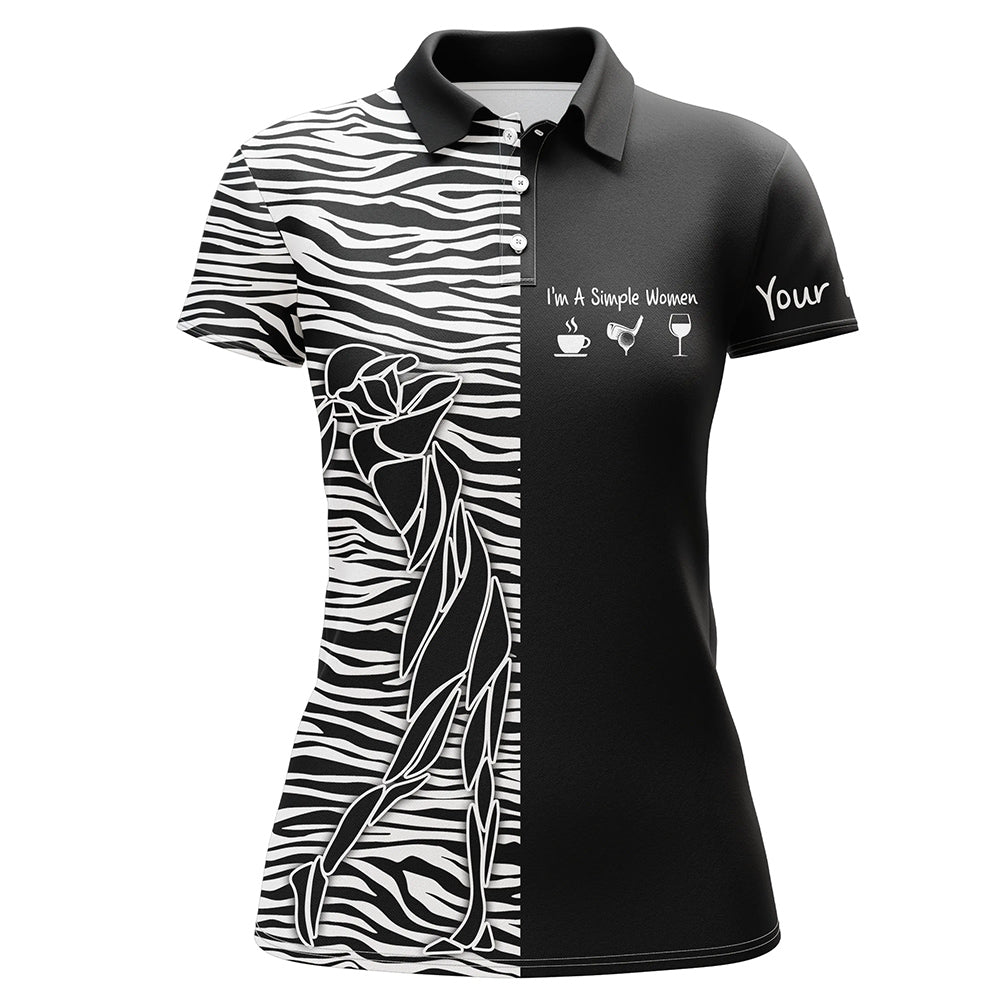 Black Womens golf polo shirt custom I'm a simple women coffee golf wine zebra pattern ladies golf tops NQS5322