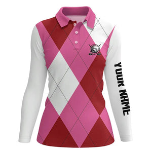 Womens golf polos shirts custom name pink and white golf argyle plaid pattern, personalized golf gifts NQS6455