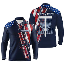 Load image into Gallery viewer, American flag patriotic Mens disc golf polo shirt custom team disc golf basket shirts | Blue Navy NQS5039