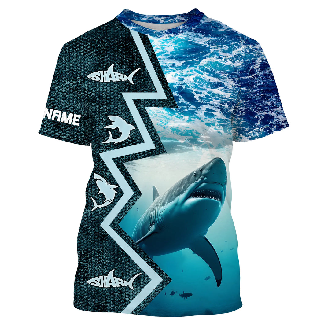 Shark Fishing Custom blue sea wave camo long sleeve performance Fishing Shirt, shark fishing jerseys NQS5042